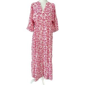 Maison 123 Kaftan Maxi Dress Womens S Pink Paisley Linen Cotton Boho V Neck GIA